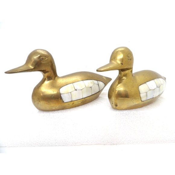 Brass Ducks with Mother of Pearl Wings 7" Long preowned - Picture 2 of 3
